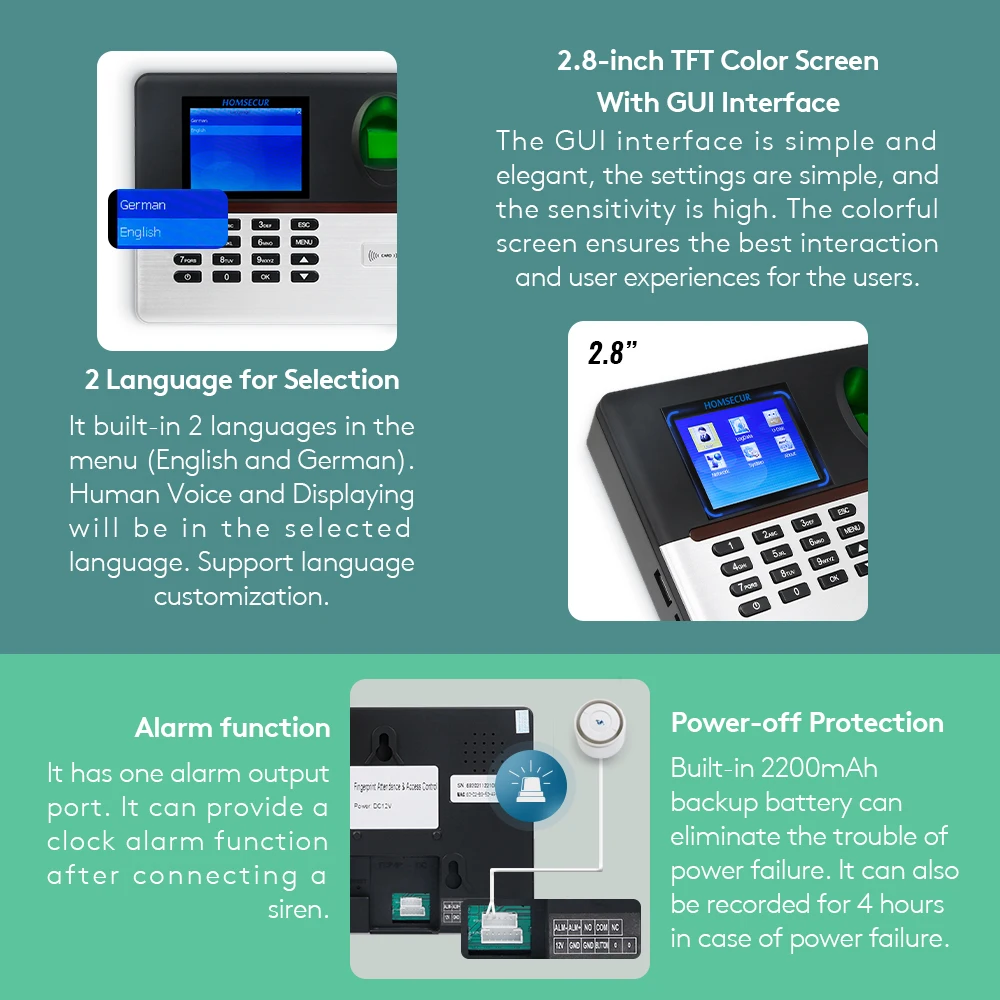HOMSECUR A-L355 New Fingerprint And RFID Card Time Attendance+Free Software+WiFi+DST