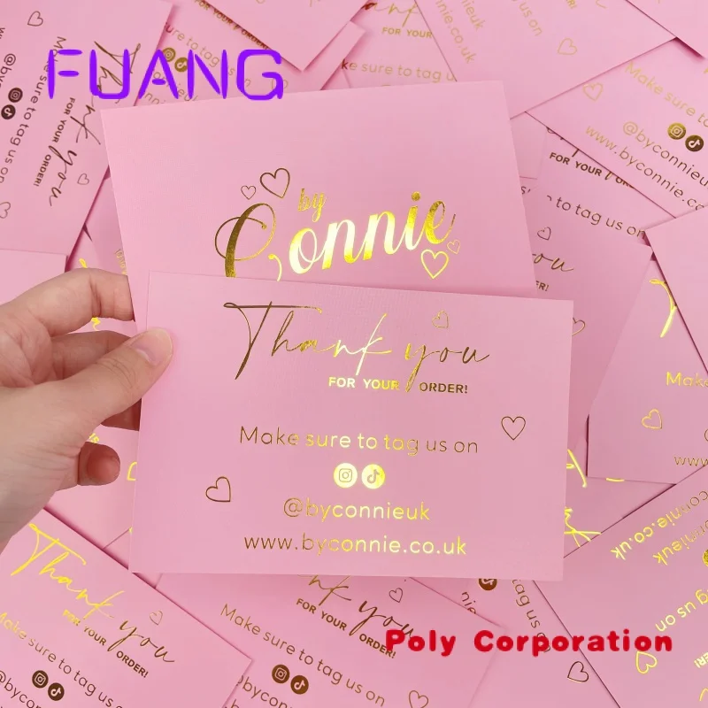 

Custom Thank you cards custom logo printed earring jewellery cards luxury wedding invitation pink gold foil business cards for