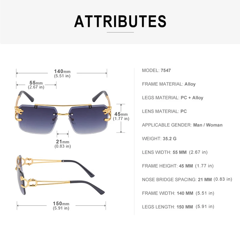 Driving Glasses Anti Glare Sunglasses Fashion Metal Leopard Rimless Sunglasses Double Bridges Gradient Ocean Film Shades UV400Lenses Car sunglasses 90168