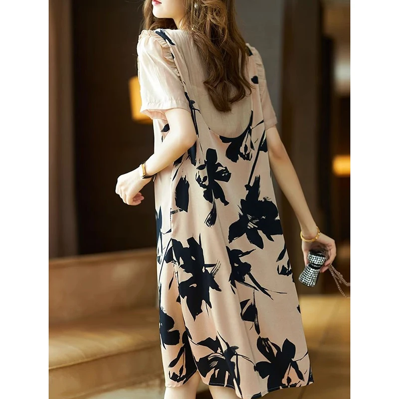 Elegant Folds Diamonds Beading Fake Two Pieces Floral Dress Women's Clothing 2024 Summer New Loose Puff Sleeve Princess Dress