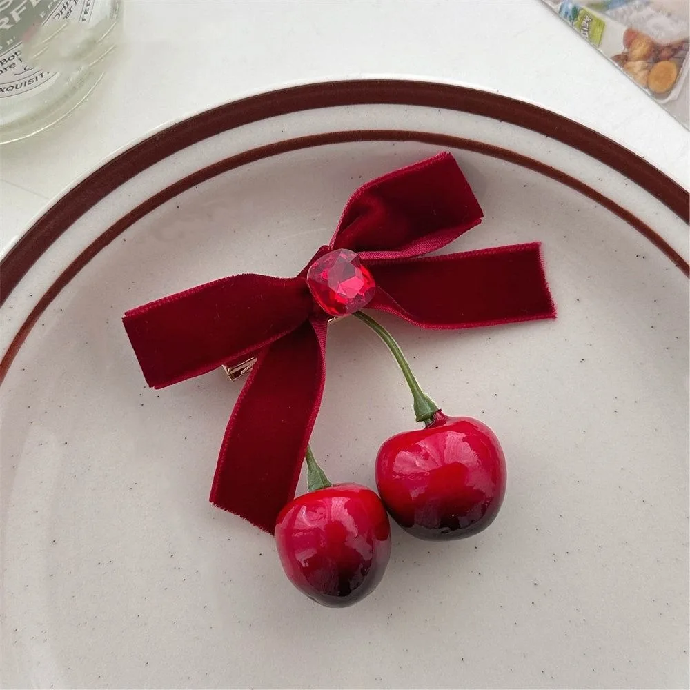 Red Velvet Cherry Hairpin Sweet Side Clip Cloth Velvet Bow Hair Clip Bowknot Korean Style Headwear
