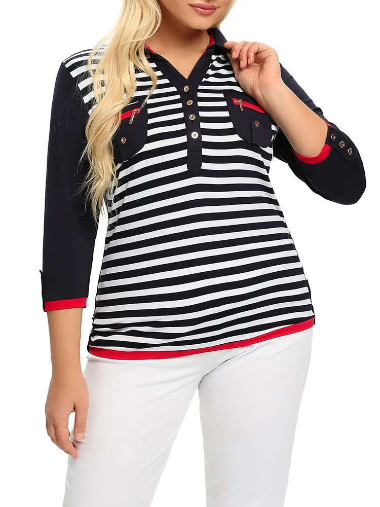 قميص نسائي ذو طية صدر السترة منسوج مقاس كبير ينتمي...