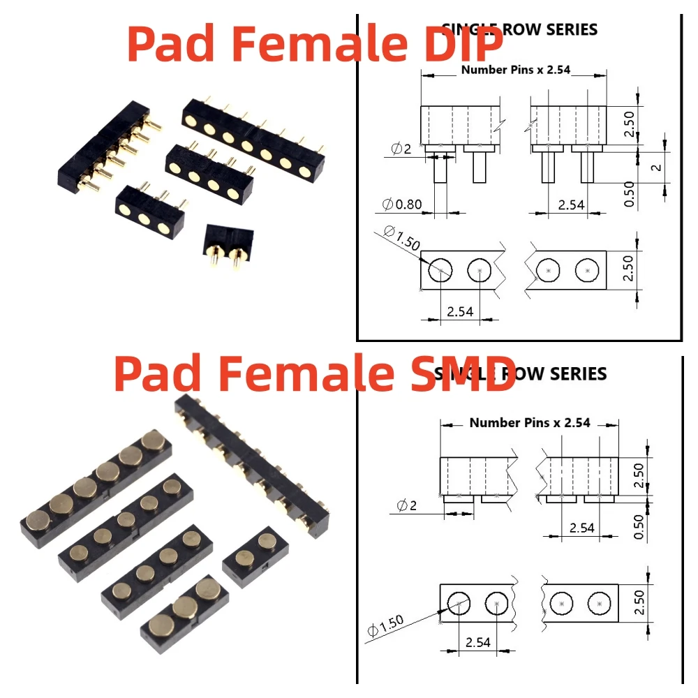 thumbnail image 1 of Conector de clavija Pogo con resorte macho de 2 piezas, fila única, paso de 2,54 mm, 2, 3, 4, 5, 6, 7, 8, 10 posiciones, almohadilla DIP SMD TH, 1 of 5
