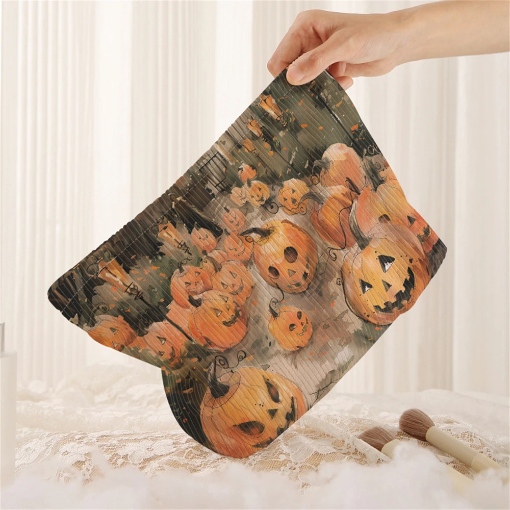 1 pumpkin patterned corduroy makeup bag, lightweight zipper makeup storage box, multifunctional bag with lining