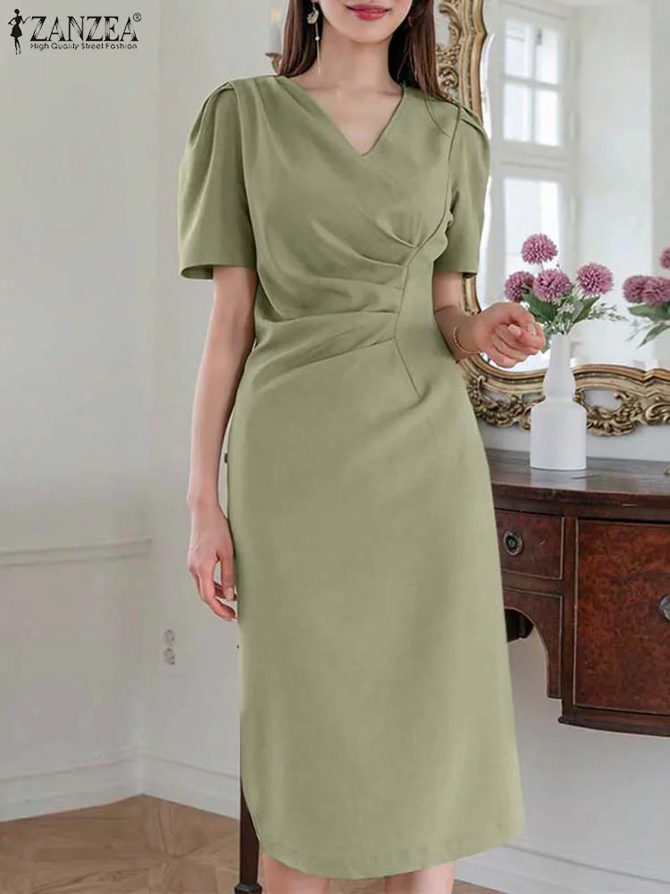 

ZANZEA Fashion V-neck Short Sleeve Vestidos Women Midi Dresses Casual 2023 Summer OL Pleating Waisted Vintage Hip Package Robes