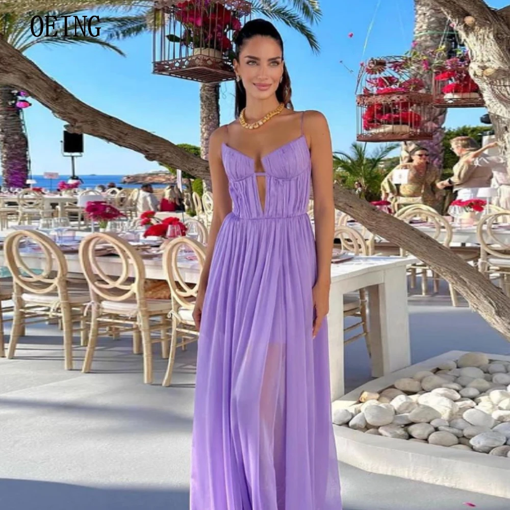 Kanufahren 2024 hübsche lila Chiffon Abendkleider für Abschluss ball Spaghetti träger plissierte Strand party schiere Kleid anmutige Vestidos