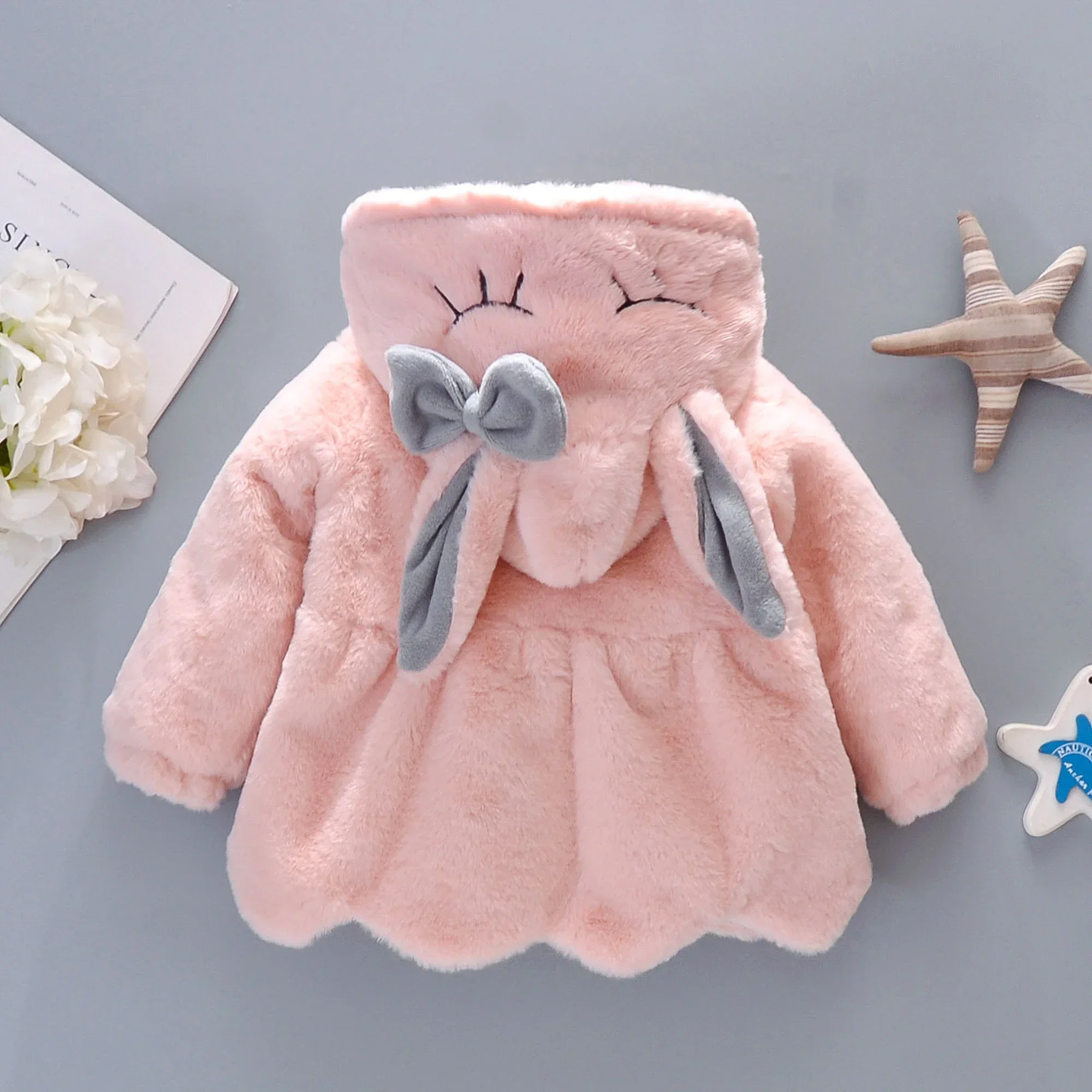 (0-3 Years Old) New Winter Girls' Coat Furry Corduroy Skew Furry Bag Bunny Hooded Cute Button Cape Warm Thick Coat