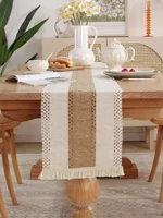 Table Runner, Natural Burlap Boho Table Runner Modern Farmhouse Decor Rustic Woven Cotton Crochet Lace for Tabletop Decoration 5