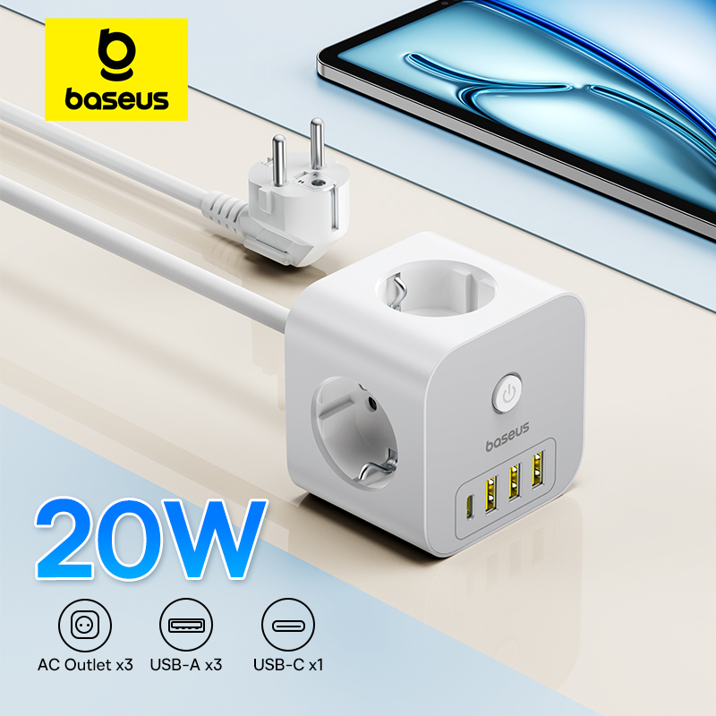 Baseus 20W Fast Charger Power Strip 3AC Outlet Desktop Charging Station PD 20W USB-C Fast Charging For iPhone 15 14 Tablets