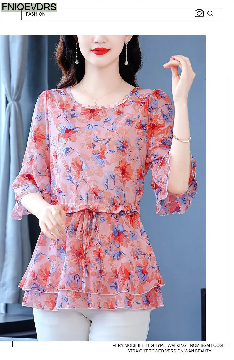 S-4XL Loose Clothes 2023 Women Summer Slim Waist Drawstring Ruffles Shirts Casual Chiffon Floral Tunic Peplum Tops And Blouses