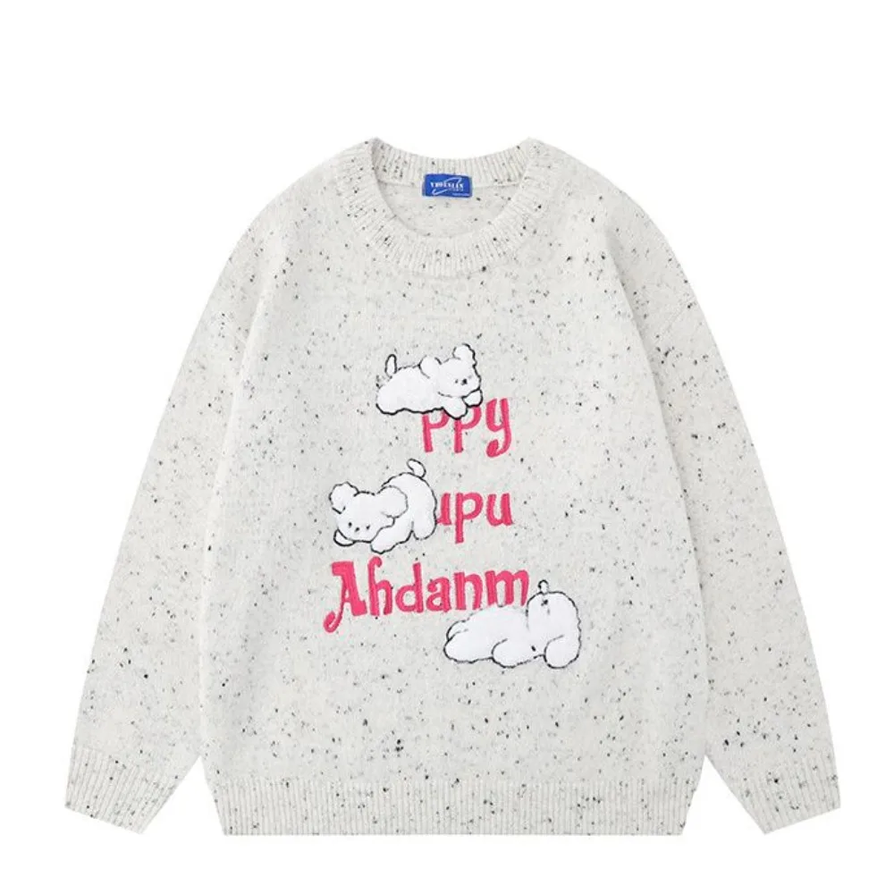 

Puppy Letters Embroidered Knitwear for Couples Loose Round Neck Jumper Knitting Cute Retro Lazy Style Autumn and Winter