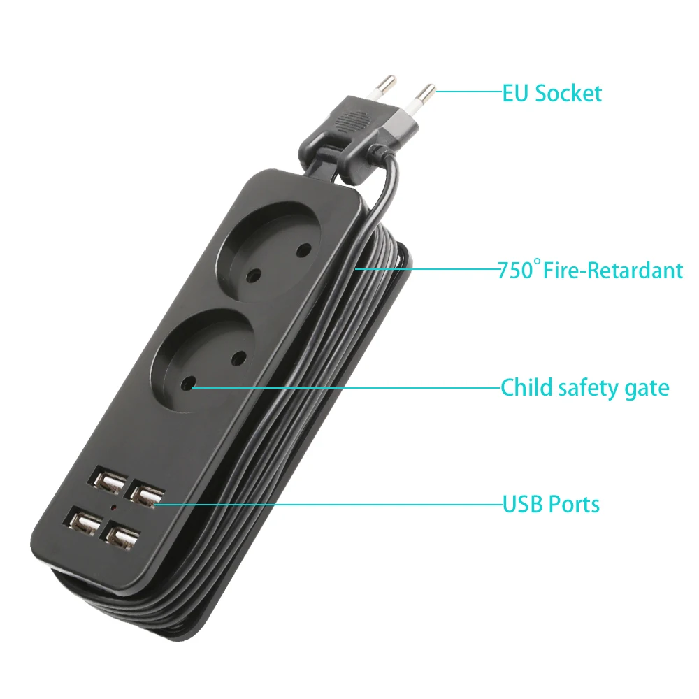 Power Strip EU Plug Portable Extension 4 USB Port Charger 1200W 250V HUB German PD Special Jack