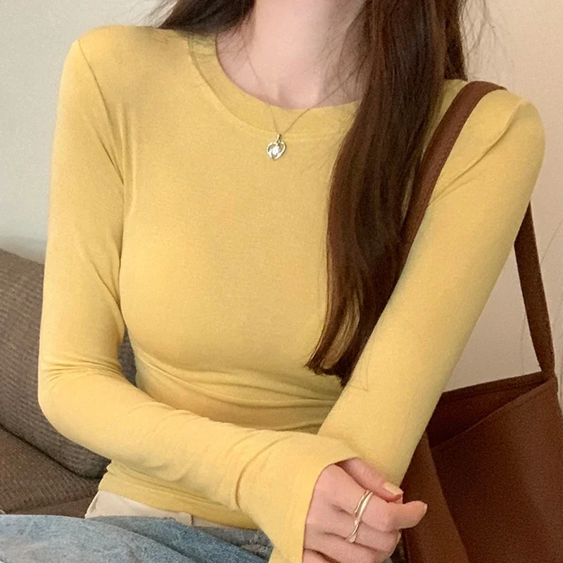 

Korean Style O Neck Thin T Shirt Women 2023 Spring Autumn Long Sleeve Sexy Slim Tshirt Pullover Crop Tops Female Tee Shirt Femme