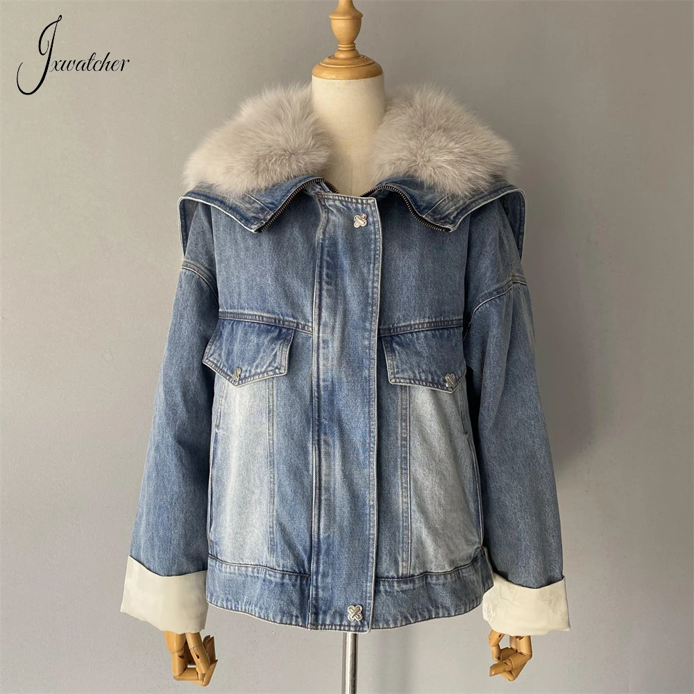 

Jxwatcher Down Jacket Women 2023 New Style Luxury Big Real Fox Fur Collar Ladies Denim Jacket Winter Warm White Duck Down Coat