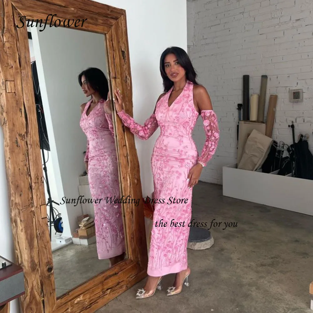 

Sunflower Halter Formal Evening Dress 2023 Slim Lace Appliques Mermaid Long Sleeve Ankle-Length High-end Custom Party Gowns