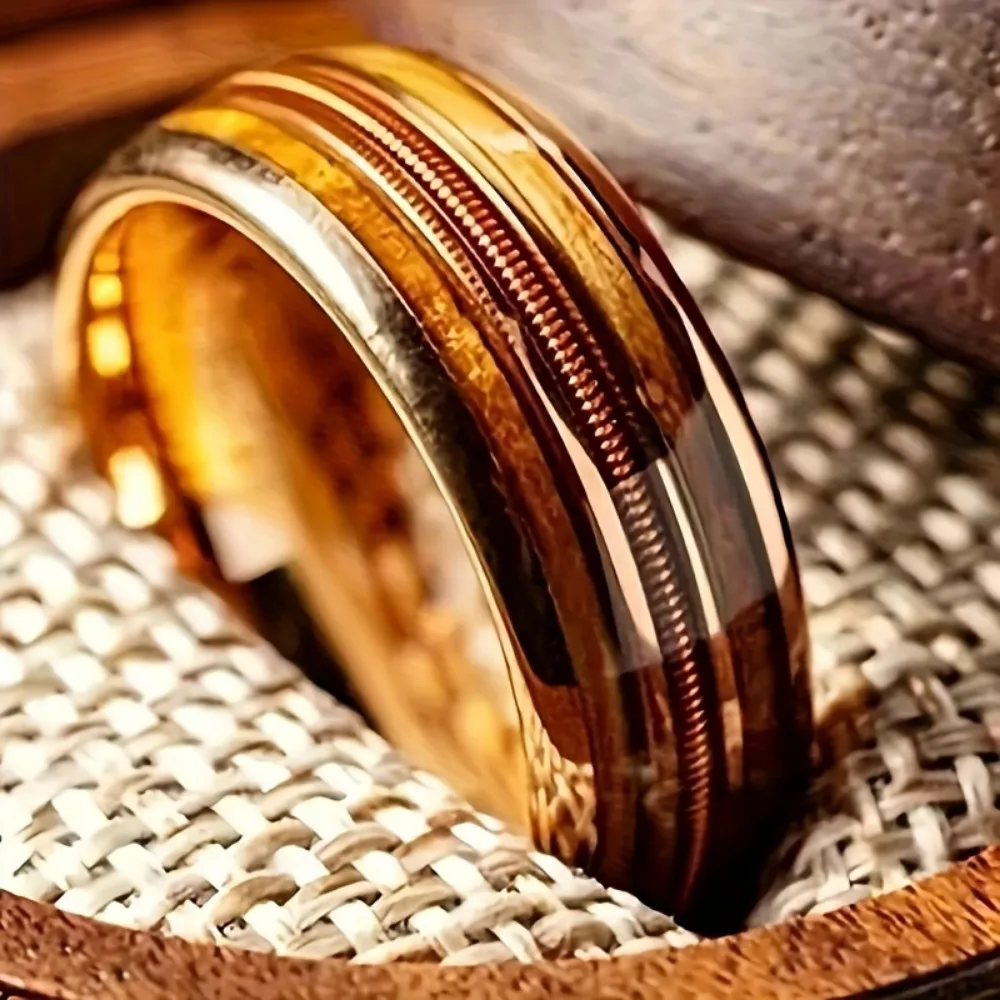 Single Piece Retro Niche 8mm Stainless Steel Smooth Inlaid Guitar Wire Barrel Wood Ring Men's And Women's Fashion Ring
