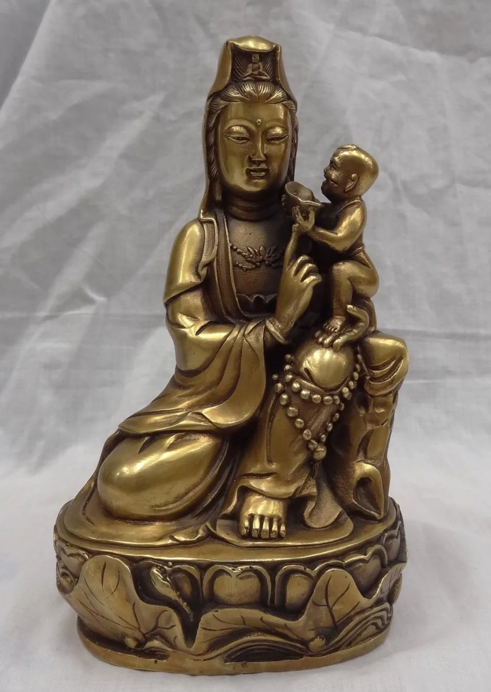 

Free Shipping 20cm Chinese Brass Kid Child Bead Lotus Kwan-Yin GuanYin Buddha Goddess Statue