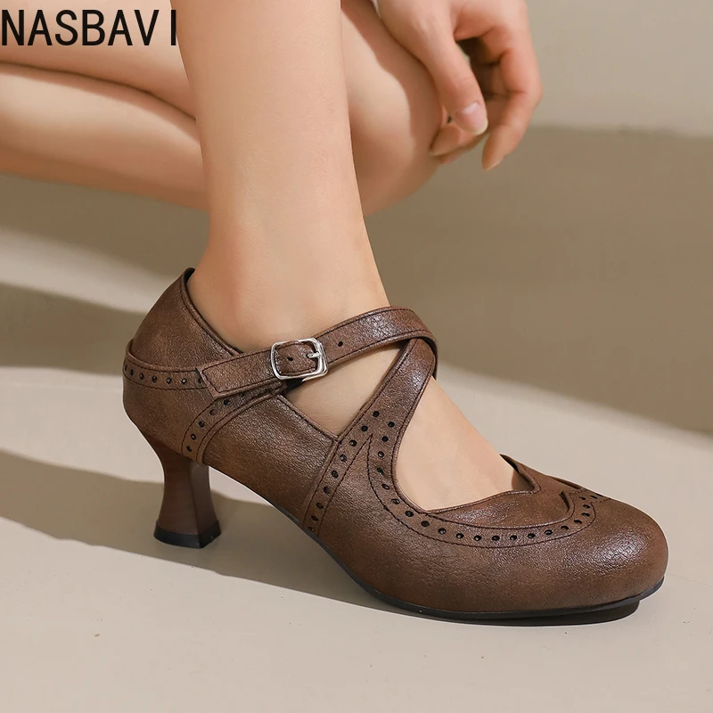 NASBAVI Brand Casual Daily Women Pumps Round Toe Strange Heels 6cm Buckle Strap Large Size 45 46 47 Soft Spring Shoes for Lady 2