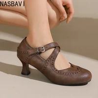 NASBAVI Brand Casual Daily Women Pumps Round Toe Strange Heels 6cm Buckle Strap Large Size 45 46 47 Soft Spring Shoes for Lady 2