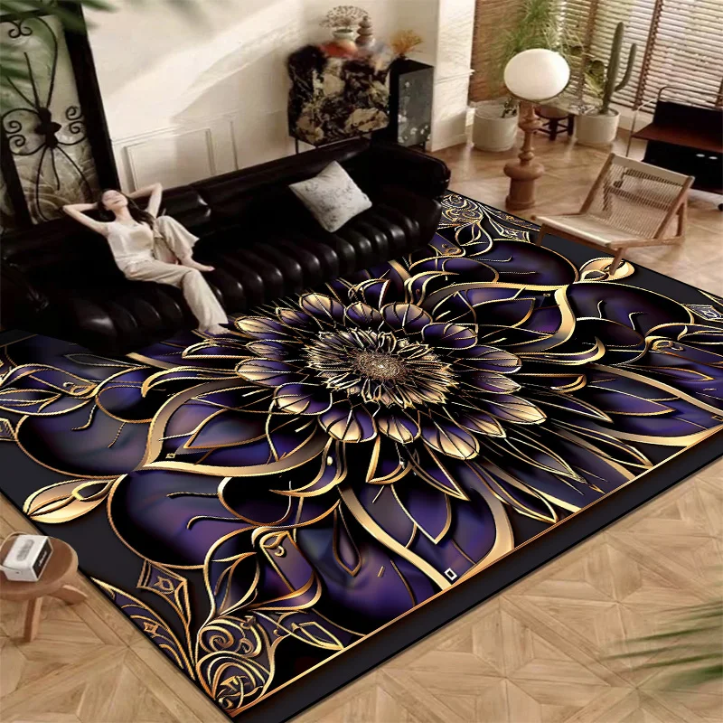 Luxury Golden Floral Carpet Living Room European Home Decoration Sofa Coffee Tables Rugs for Bedroom Non-slip Floor Mat Washable 3