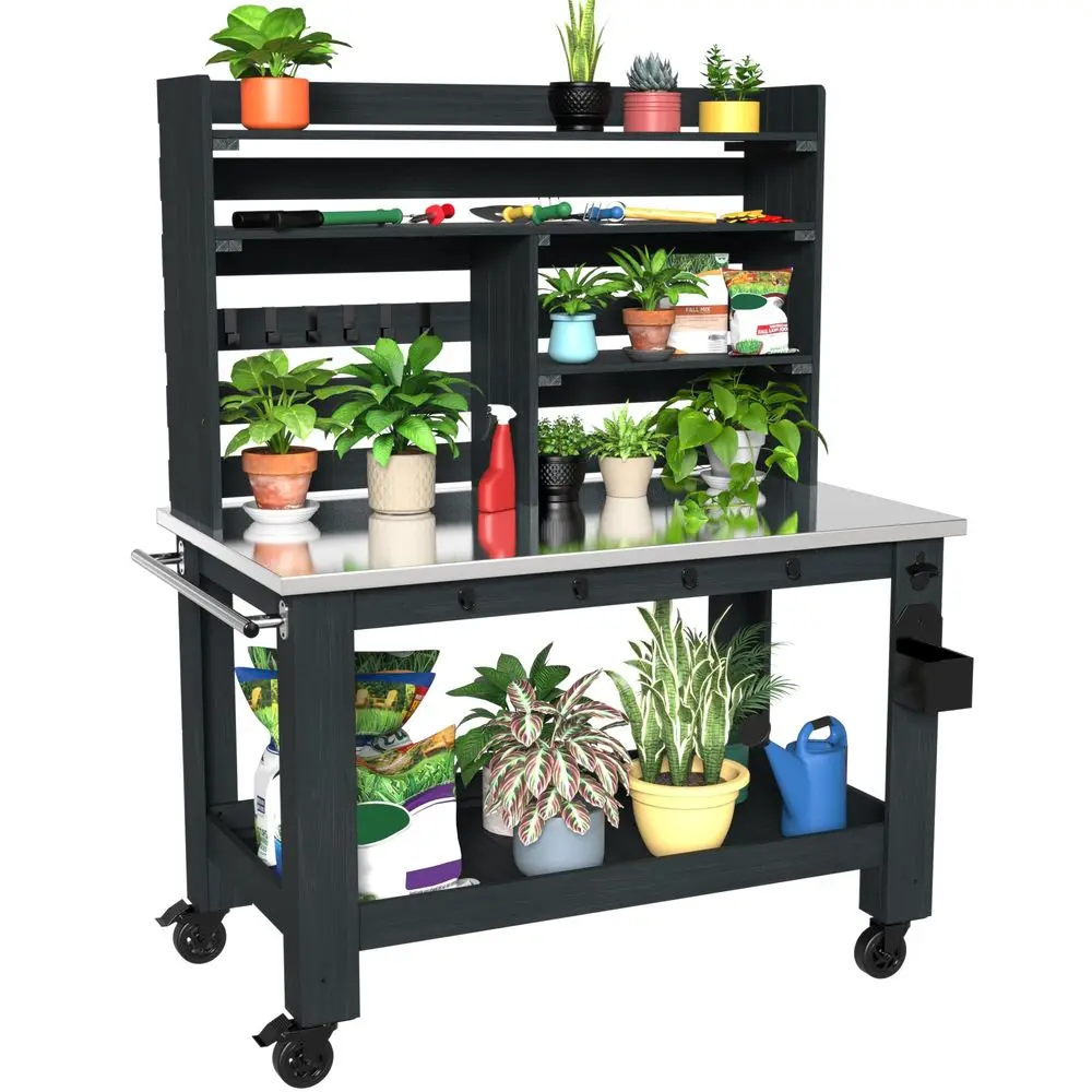 Potting Bench Table Large Outdoor Kitchen Island Prep Station with Stainless Steel Top Waterproof Cover, Hardwood, 66.9 H