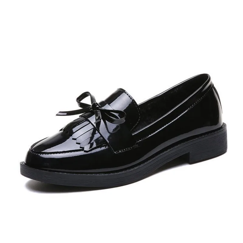 Women's Black Patent Leather Loafers Platform Slip on Shoes for Women 2023 New Spring British Tassel Casual Bowknot Flats Shoes