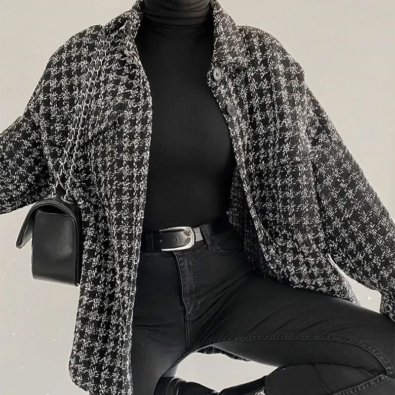 Women Autumn Plaid Jacket Check Houndstooth Lapel Collar Coat Winter Female New Full Sleeves Single Breasted Outerwear Classic 2021 autumn new lady vintage casual plaid jacket women fashion brown plaid lapel single breasted long sleeves ladies coat