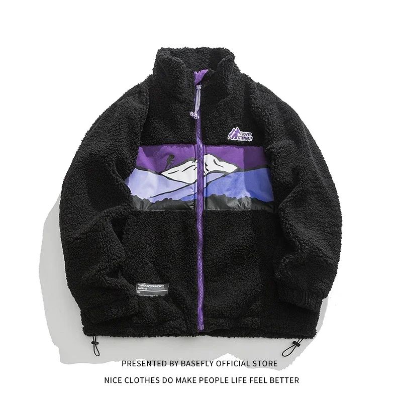 Men Bomber Jacket Chic Winter Thick Patchwork Lambswool Sheep Fur Like Unisex Women Baseball Coat High Streetwear Couple