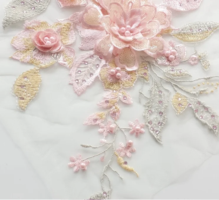 1 PC 핑크 꽃 공예 꾸밈 의류 모티브 자수 넥 라인 레이스 칼라 DIY 바느질 트림 Applique 패브릭 액세서리