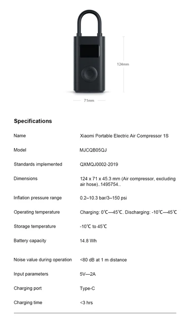 Xiaomi Portable Electric Air Compressor 1S (Modell MJCQB05QJ) kompati