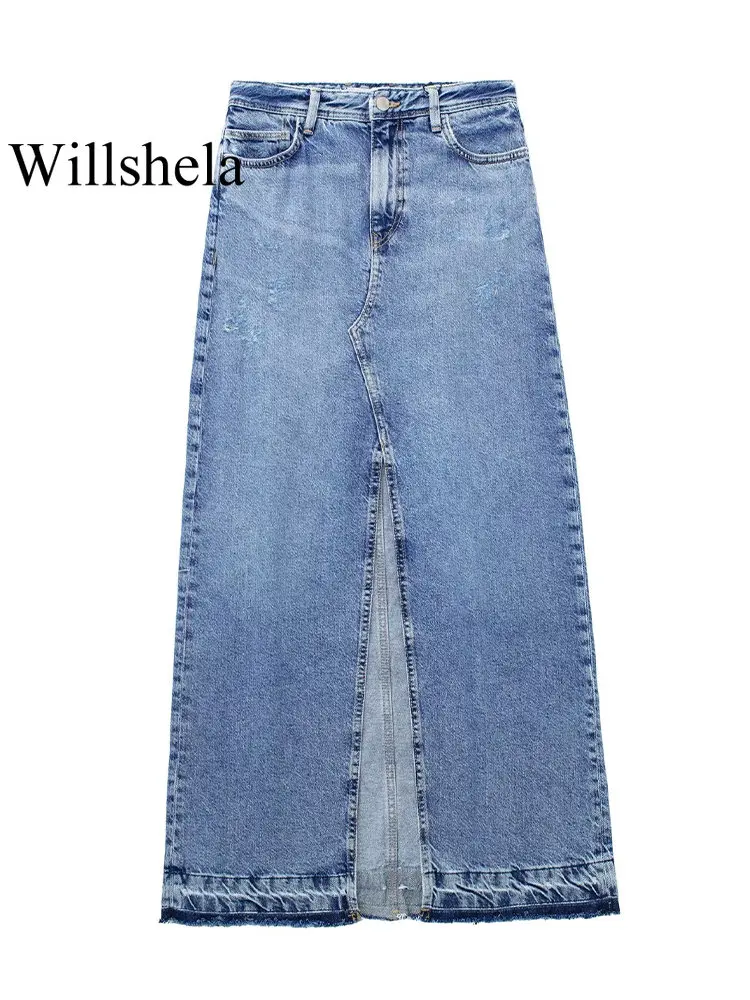 Willshela Women Fashion Denim Blue Solid Front Zipper Slit Maxi Skirt Vintage High Waist Female Chic Lady Skirt