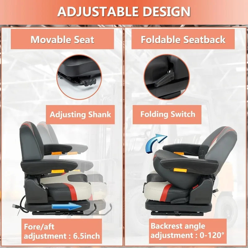 Suspension Seat, Highback Low  Slide Rails, Armrests Shock Absorber Heavy Duty Seat for Toro Forklift Mower Excavator Harvester 3