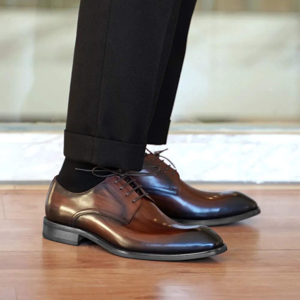 Wood Grain Derby Shoes Fashion Formal Shoes for Man Business Dress Square Toe Rubber Social Men's Shoe Stitching Oxfords mens leather dress shoes