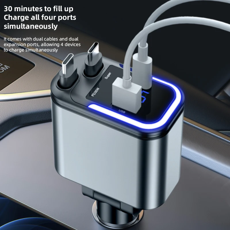 4-in-1 PD30W Car Fast Charger USB Type-C Power Adapter Retractable Phone Charger With Roof Starlight For IOS Android Phones