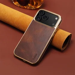 Exquisite Oil Wax Leather Phone Case with Plating and Shockproof Protection - iPhone 15 Plus (Brown)