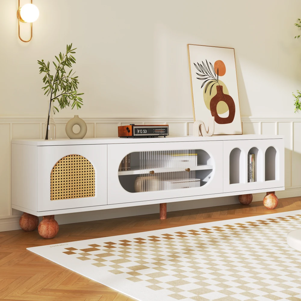 PINGGO Moderner TV-Ständer mit Rattantür, Glasschiebetür, 3 offenen Bögen, Lowboard mit goldenen Griffen, Massivholzfüßen, Wohnzimmermöbel – Detail 6