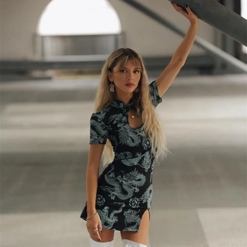 Women Chinese Traditional Dress Split Hem Gothic Dragon Sexy Short Dress Party Hollow Out Vintage Cheongsam Qipao