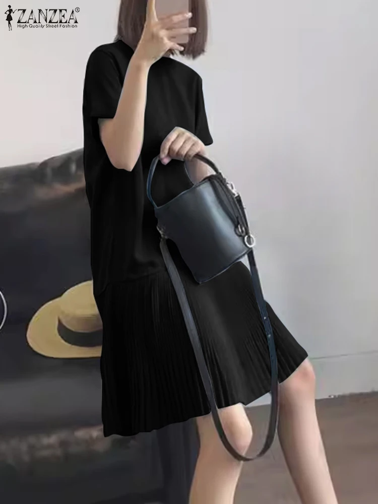 ZANZEA Casual Solid Pleated Dress Women Summer Short Sleeve Knee Length Robe 2024 Korean Loose Simple Patchwork Vestido Oversize 3