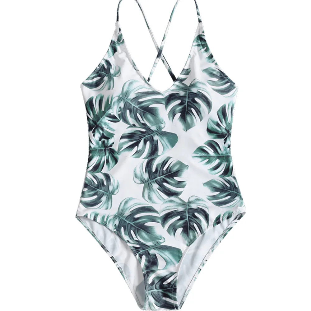 

New Sexy One Piece Swimsuit Swimwear Women Green Leaf Print V-neck Cross Back Straps Bathing Suit Beachwear Trajes De Bano Mujer