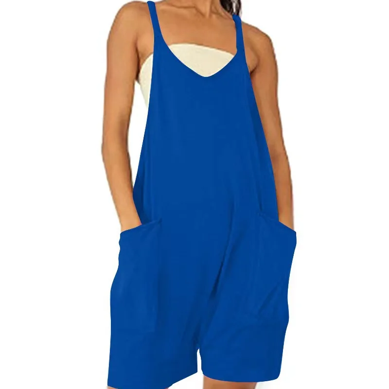 

European and American Summer New Casual Women's Clothing Fashion Pockets Solid Color Sleeveless Mid Waist Loose Jumpsuit Shorts