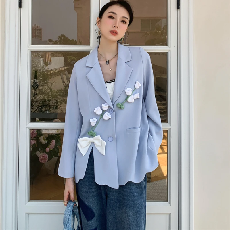 DAYIFUN Literature and Art Blue Floral Patch Blazer Women Elegant Casual Coats Autumn Stylish Design Jackets Fashion Clothing