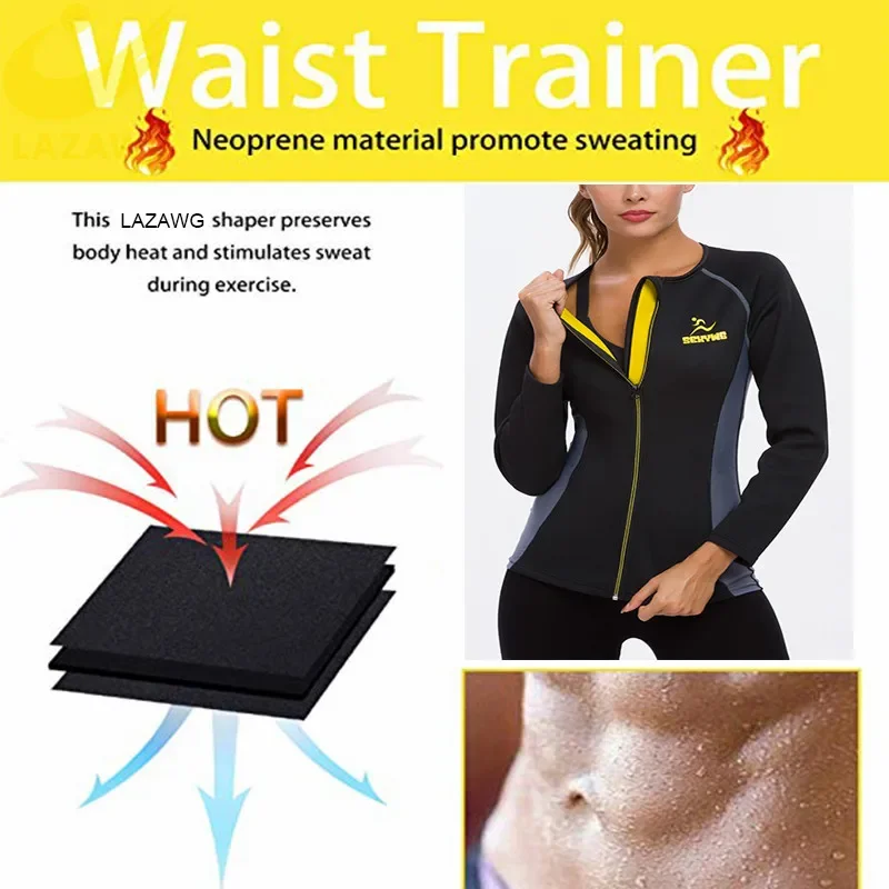 LAZAWG Women Hot Sweat Weight Loss Shirt Neoprene Body Shaper Sauna Jacket Workout Long Training Clothes Fat Burner Top body shaper