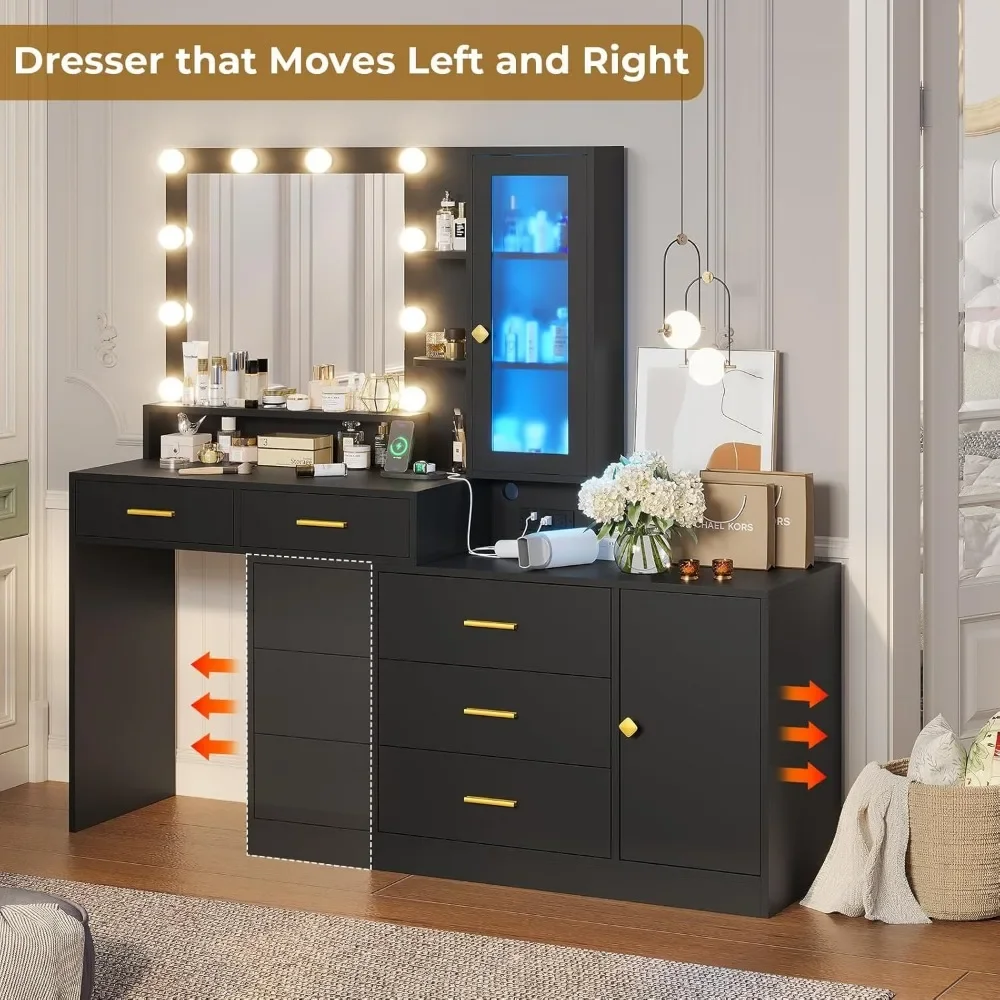 Vanity Desk with Mirror and Lights with Ambient Light & Charging Station, Table with Drawers & Shelves & Dresser, Makeup Table 5