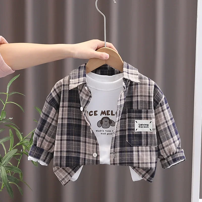 Spring Outfit Set for Boys And Girls Plaid Shirt Color Block Design Korean Style Baby Boys Spring Fashion Children's Clothing