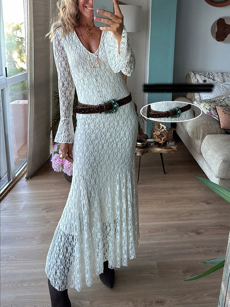 2026 Fashion V-neck Flared Sleeves Spring Dress Lace Slim Fit Pleated Party Dress Bohemian Women's Holiday Long Dresses Vestidos