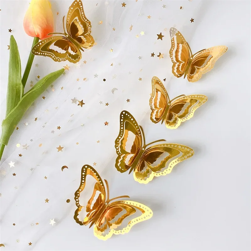 New 3D Hollow Layered Butterfly Wall Sticker Gold Decorative Butterfly Home Decor Fridge DIY Party Wedding Sticker 3D Stickers