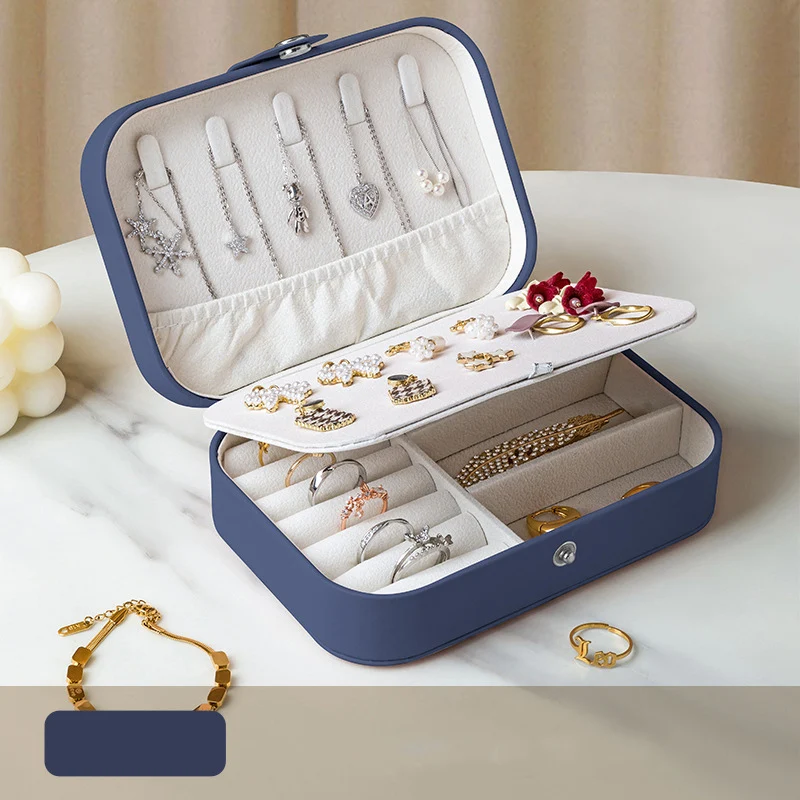 Compact Leather Travel Jewelry Storage Organizer Box - Earrings, Necklaces, and Rings Display Case