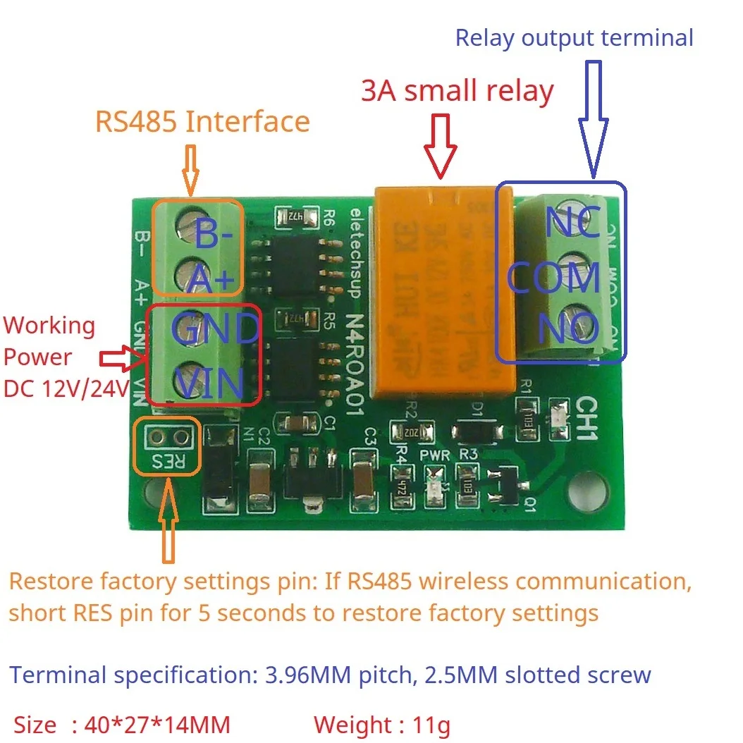 

2/4X DC 12V 24V 1CH 3A Small Relay Board RS485 UART Serial Port Switch MODBUS RTU Command 01/03/05/06/15/16 Function Code Module