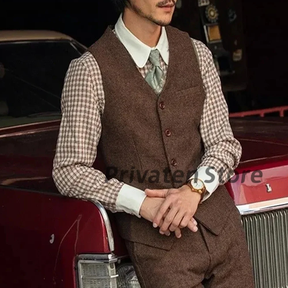 Men's Vest Herringbone Coffee Brown V-Neck Waistcoat Wedding Prom For Men Slim Fit Male Clothes Vests terno masculino