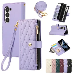 Leather Crossbody Wrist Strap Wallet with Card Holder Phone Case - Galaxy Z Fold7 (Purple)